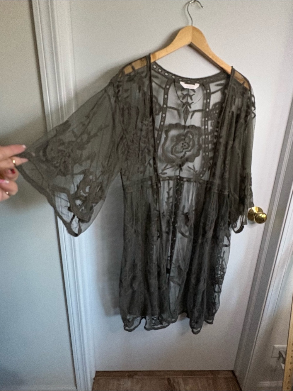 OS Sheer Mesh Lace Floral Embroidered 3/4 Sleeve Kimono Fairy Cover-Up Boho Goth